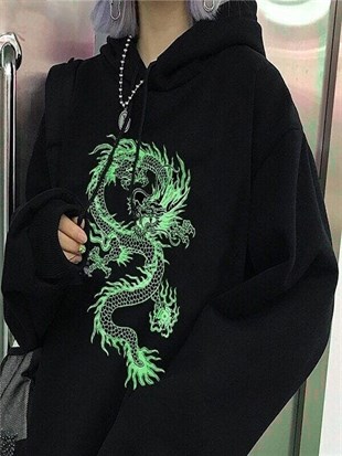 Anime Harajuku Oversize Unisex Yeşil Dragon